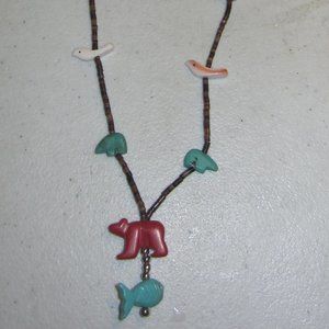 Heishi with carved stone animals necklace